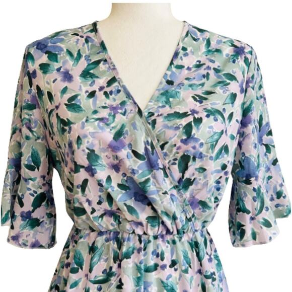 Anna-Kaci Dress Lavender Green Floral Flutter Short Sleeve Tiered Boho Small - Picture 3 of 15